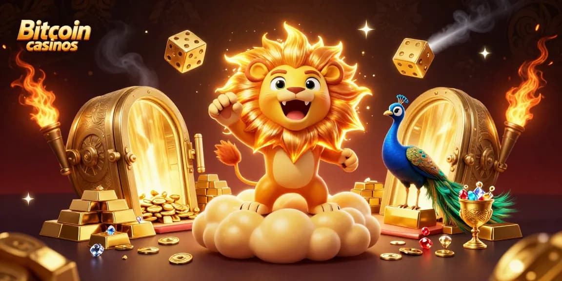 Découvrez les casinos Bitcoin avec une illustration dynamique de plaisir de jeu, pièces d'or et trésors.