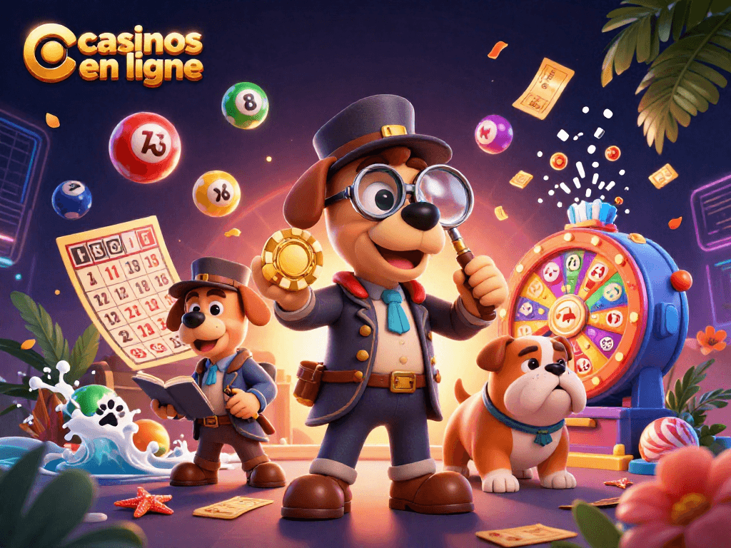 Participez à l'excitation des casinos en ligne avec un détective en quête de trésors et des éléments de jeu colorés.