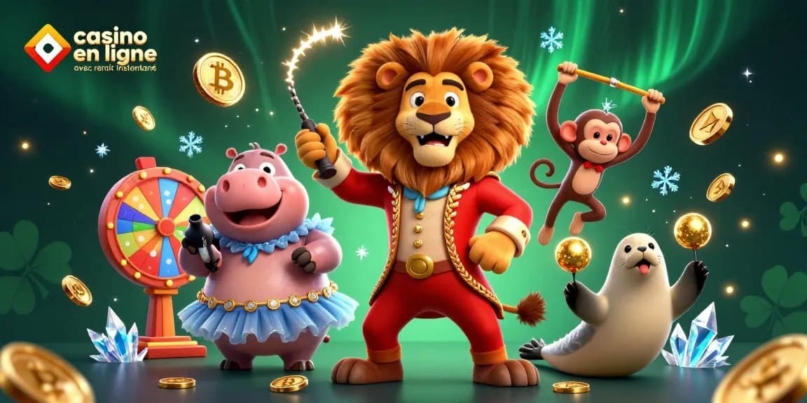 Image dynamique de casino en ligne avec retrait instantané mettant en scène des personnages divertissants et des cryptomonnaies.
