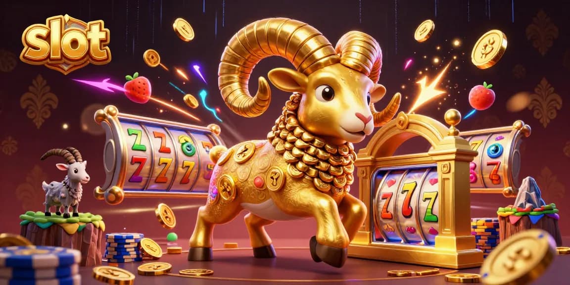 Menangkan jackpot slot gacor dengan ram emas yang menyerang gerbang, di sekelilingnya berputar simbol keberuntungan.