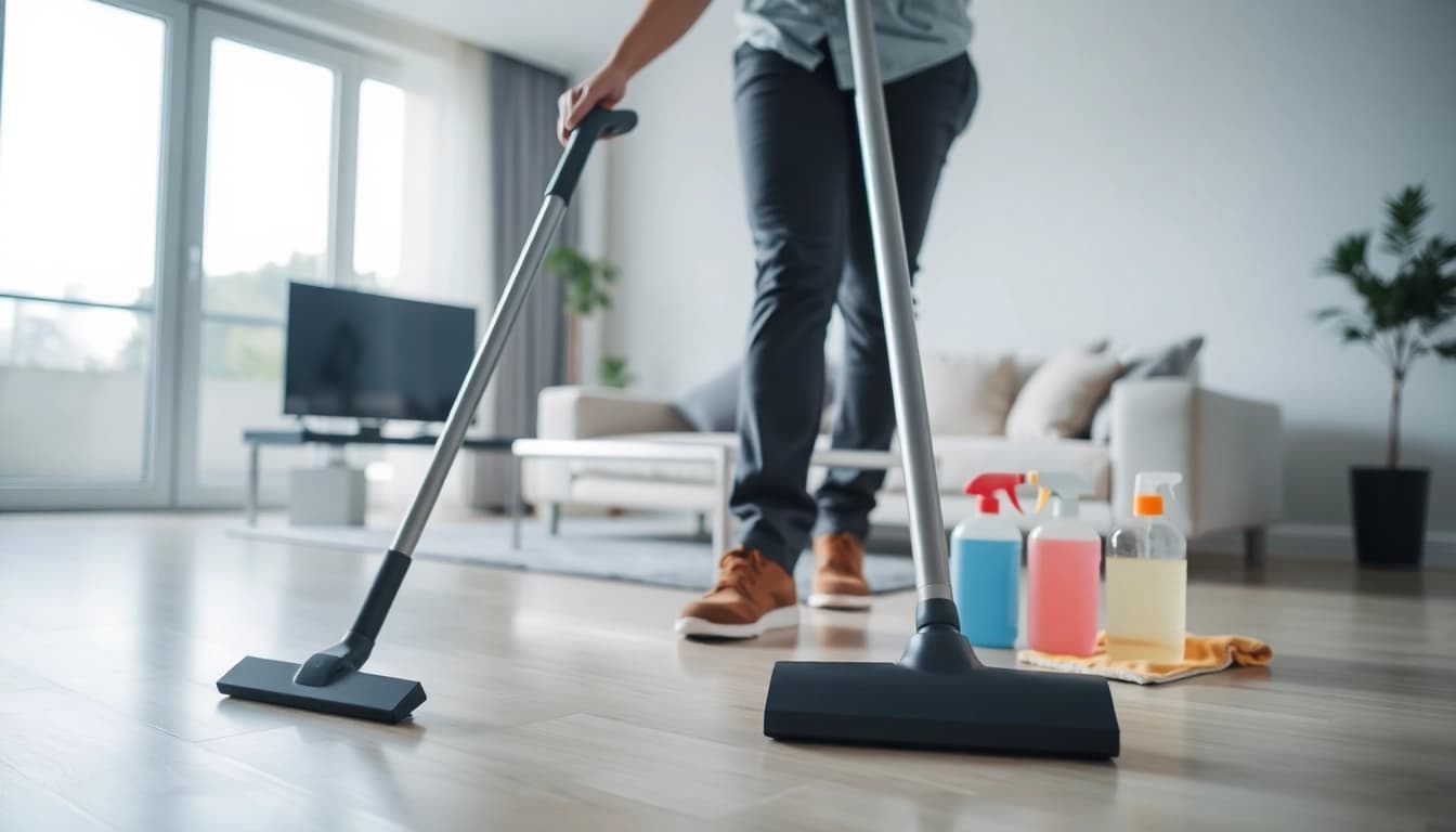 Performing bond cleaning in a bright modern apartment, showcasing effective cleaning techniques.