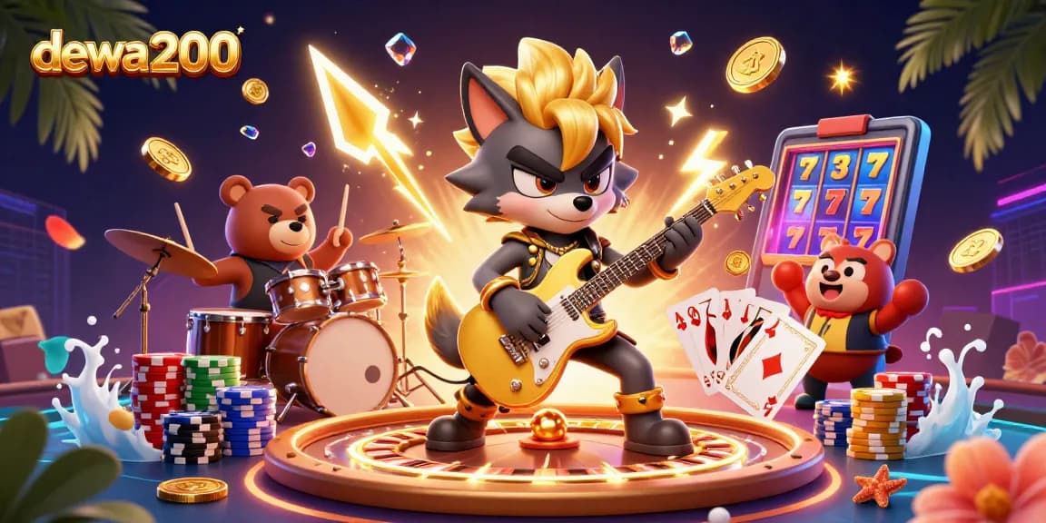 Gambar menarik dewa200 dengan karakter kasino yang beraksi dan mesin slot menyenangkan