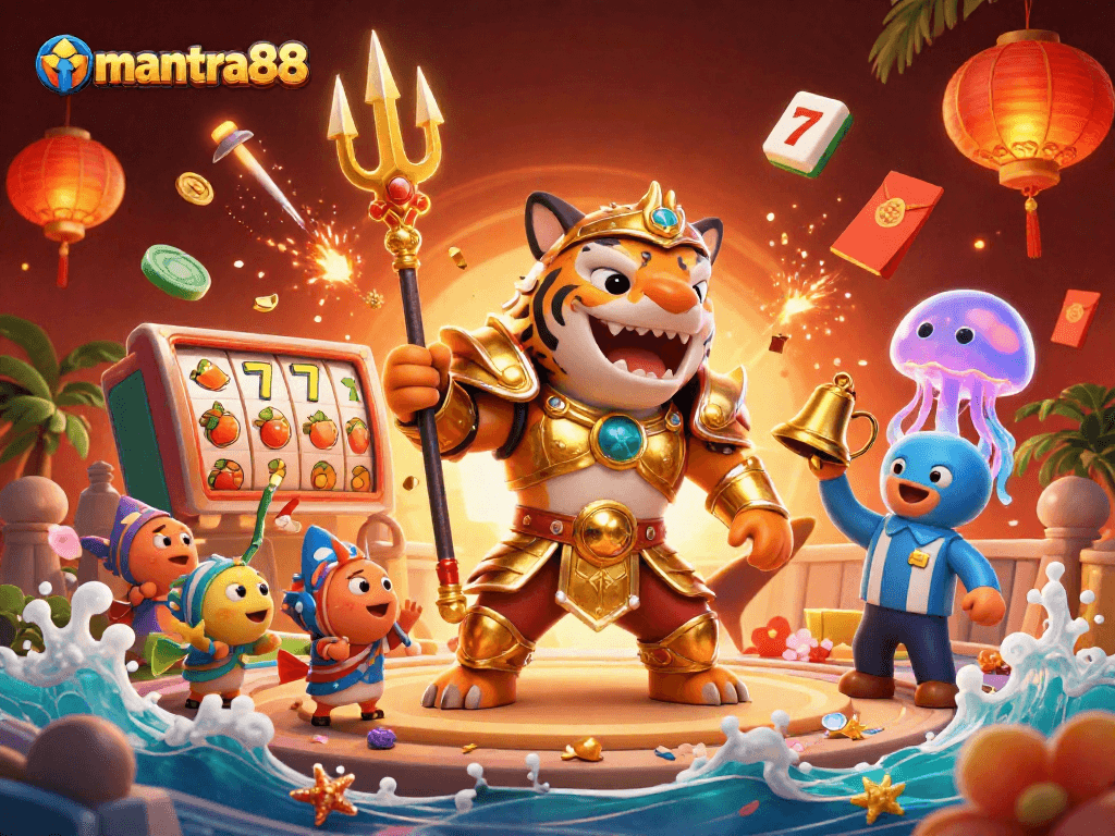 Experience thrilling wins at mantra88 with a lively underwater casino scene showcasing slot machines and a dazzling shark warrior.