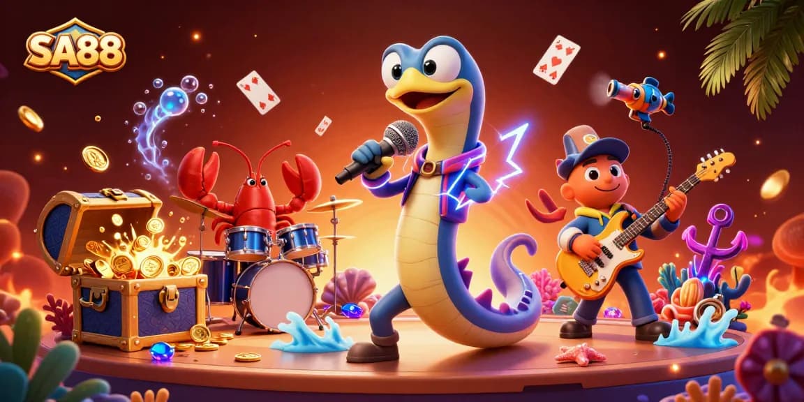 SA88's vibrant underwater casino scene featuring an electric eel DJ performing with lively sea creature musicians.