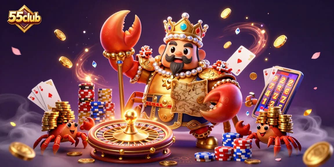 Engage with 55club's golden crab emperor in a vibrant casino adventure, surrounded by rich gaming elements.