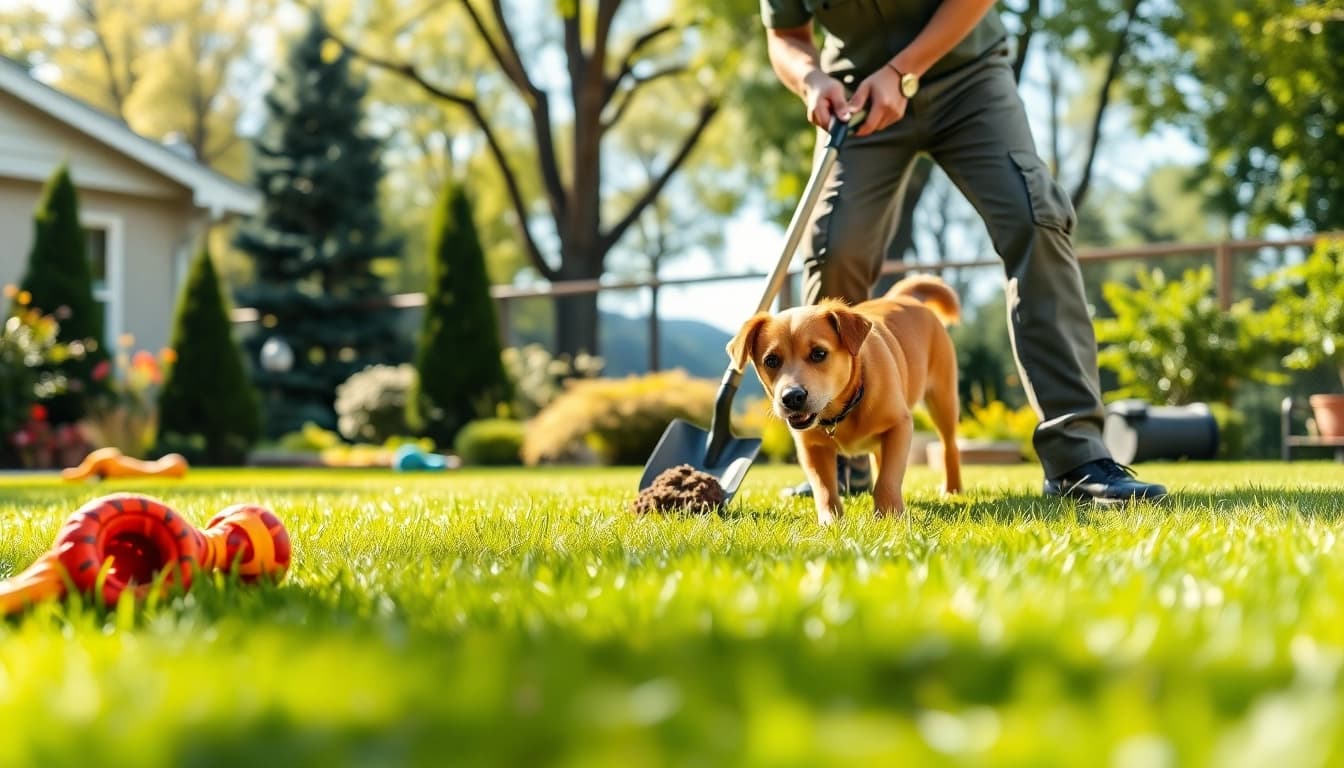 Providing dog poop cleanup services near me, a professional collects dog waste in a clean backyard setting.