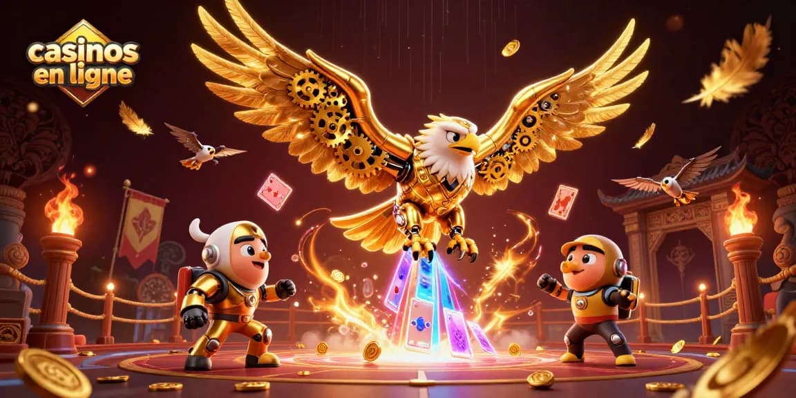 Jeux captivants sur les casinos en ligne avec un aigle cybernétique plongeant dans des cartes holographiques.