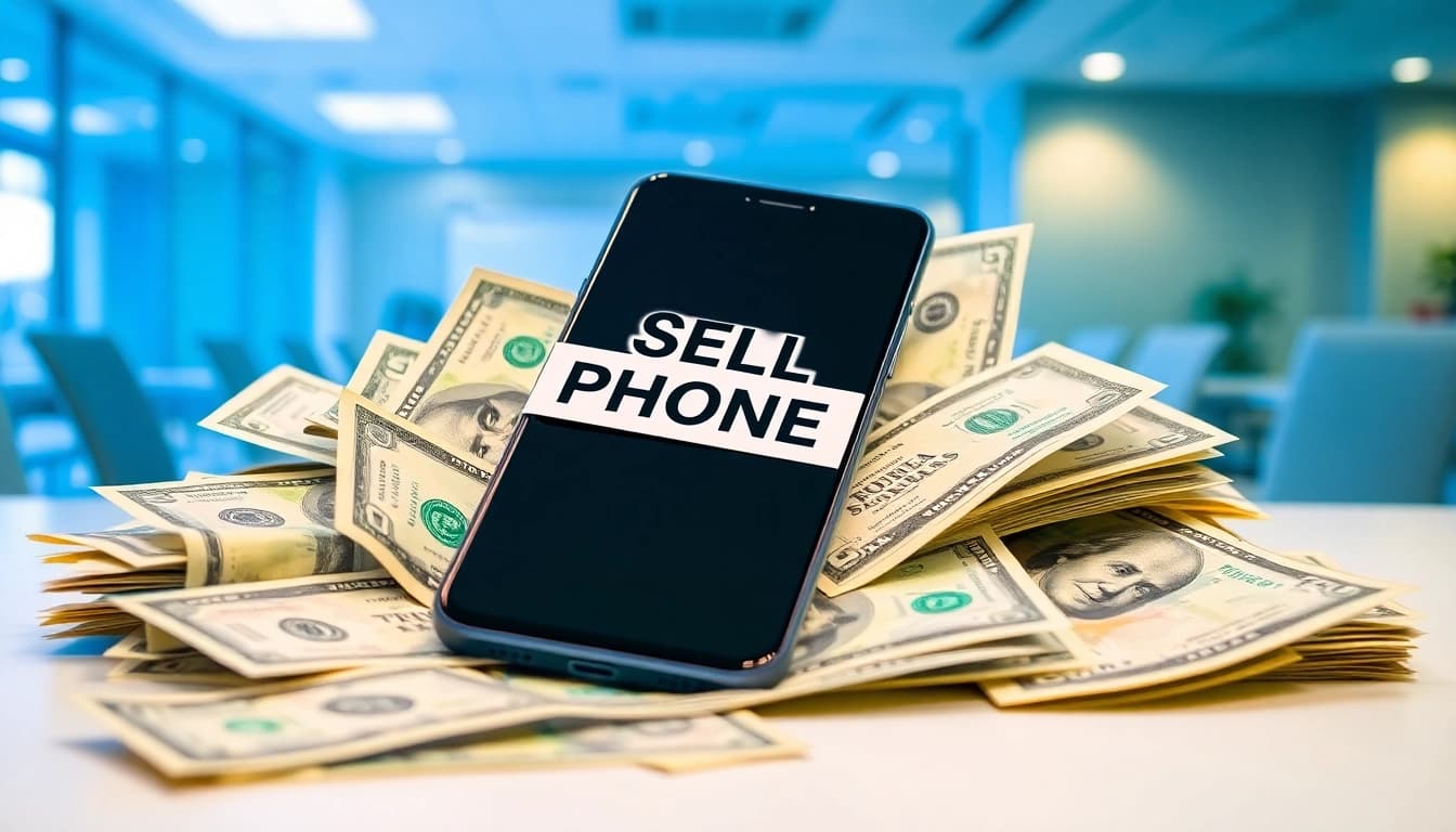 Sell phone fast cash with an appealing cash offer alongside a modern phone in a dynamic office.