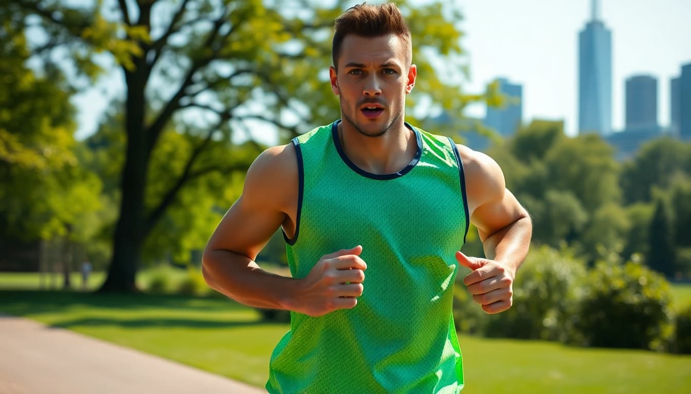 Active runner showcasing a running vest UK in a vibrant outdoor setting.