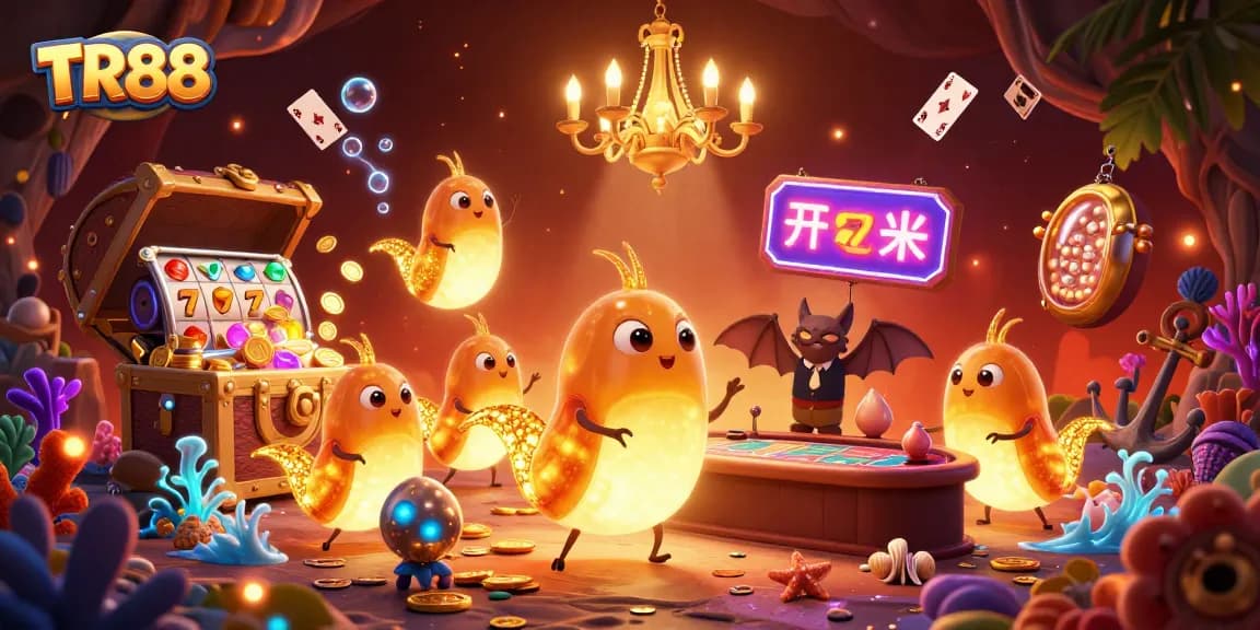 Experience the excitement of TR88 with vibrant casino-themed glowworms in a stunning 3D illustration.