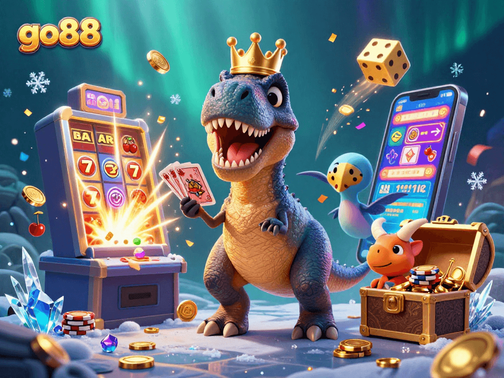 Experience thrilling gameplay with go88 featuring a T-Rex shuffling cards and jackpot symbols!