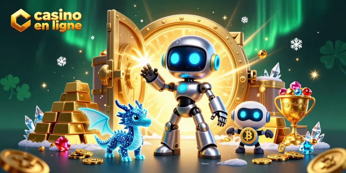 Gagnez au casino en ligne avec notre illustration dynamique, mettant en avant un robot et un dragon AI.