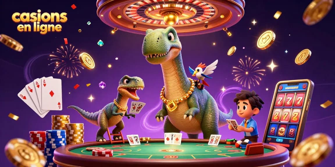 Jouer aux casinos en ligne avec un brontosaurus et un raptor distribuant des cartes au poker.