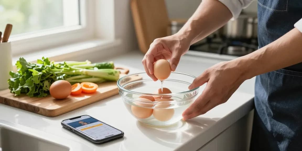 Uji kesegaran telur dengan metode Egg Float Test dari https://www.eggfloattest.com/contact di dapur yang cerah.
