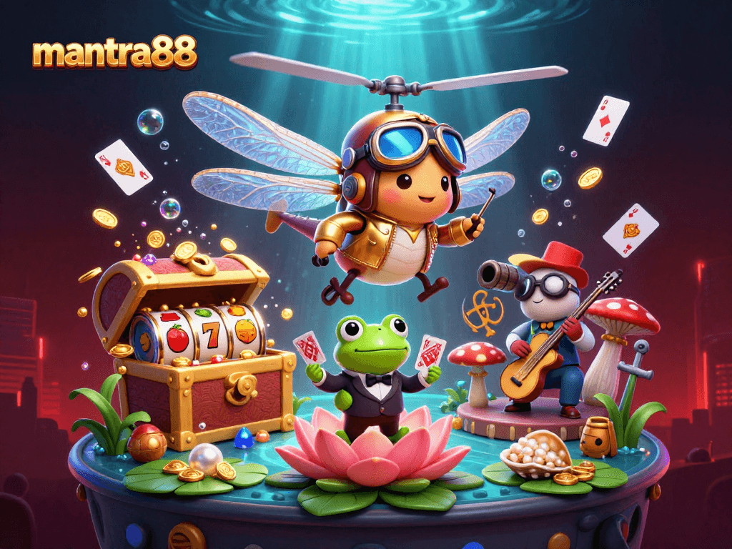 Play and win big at mantra88 with vibrant scenes of a lily pad casino, cards, and treasures.
