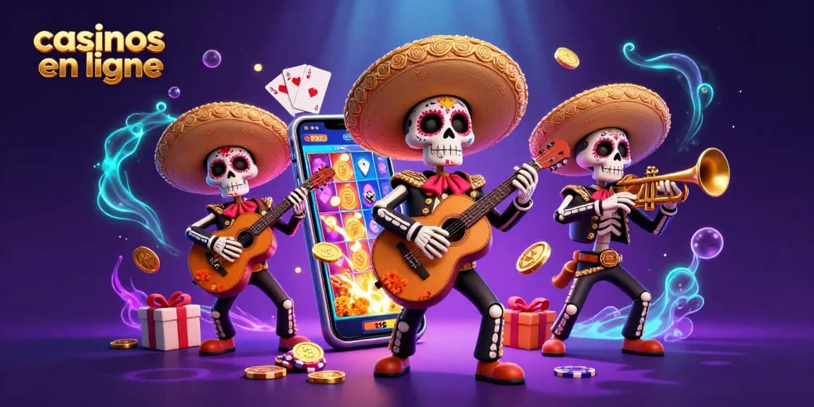 Découvrez les casinos en ligne avec une illustration colorée d'une scène de jeu dynamique entourée de gains et d'éléments de casino.