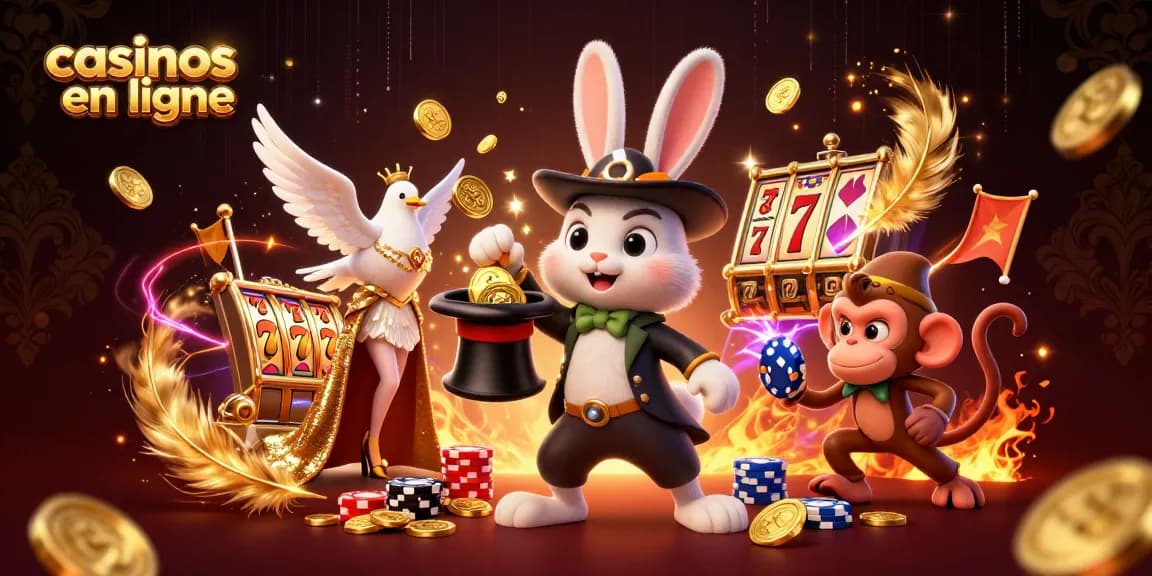 Illustration animée représentant l'univers des casinos en ligne avec un lapin magicien et des pièces d'or.