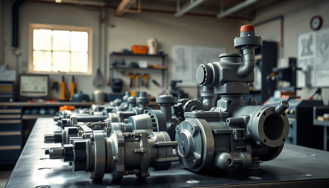 Showcasing fluid power systems components in a workshop, highlighting precision engineering.