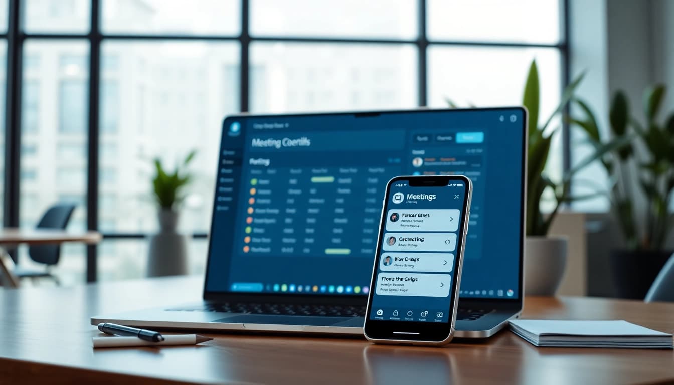 Utilizing a never miss a meeting scheduling tool amidst a modern office setup with a laptop and smartphone.