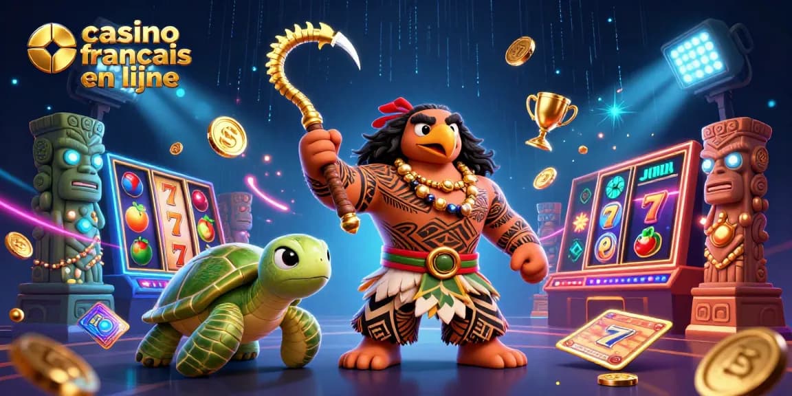 Illustration d'un casino français en ligne avec des personnages en 3D, rouleaux de machines à sous et éléments de jeu.