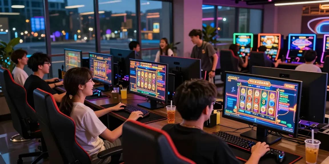 Exciting gaming lounge filled with players enjoying situs slot games, modern setups, and vibrant atmosphere.