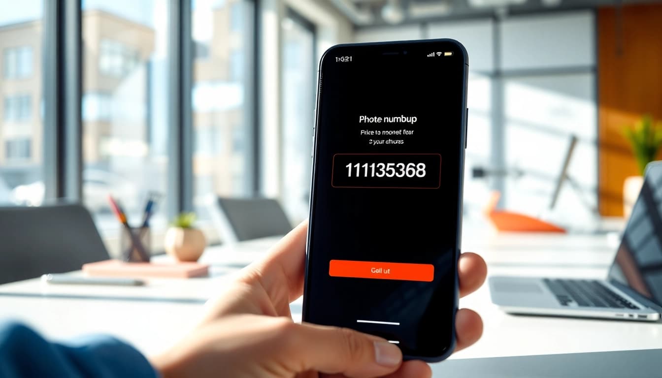 Utilize free phone number lookup uk service on a smartphone in an office setting.