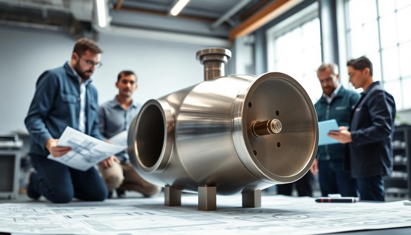 Engineers collaborating on pressure vessel design process in a modern lab environment.