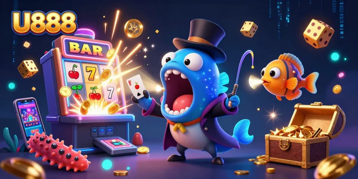 U888 slots adventure with a deep-sea gulper eel performing magic tricks, surrounded by vibrant casino elements.