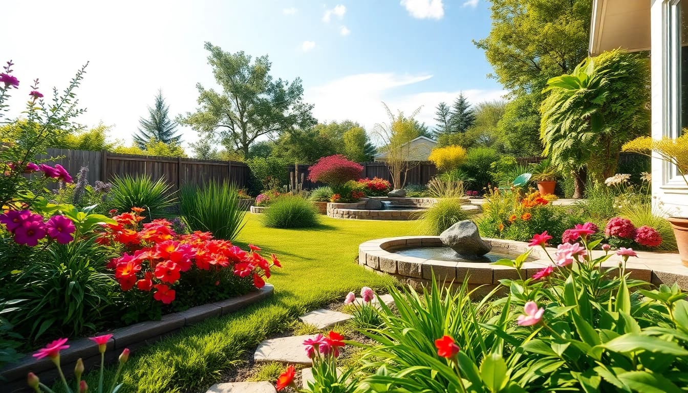 Stunning backyard landscaping with vibrant flowers and greenery creating an inviting space.