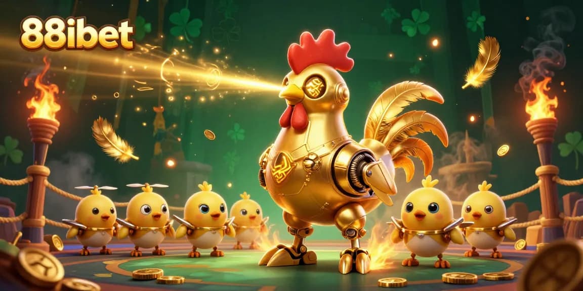 Join the thrilling world of 88ibet with golden rooster robots and baby chick drones battling in a vibrant casino.