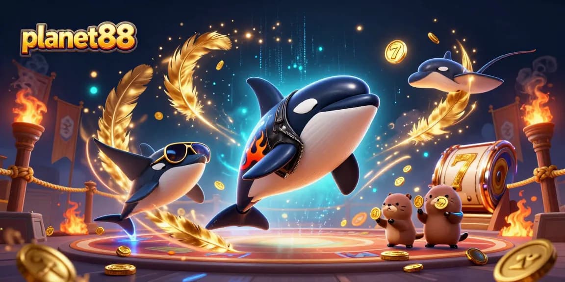 Engage with planet88's dynamic online slots, featuring whimsical characters in a vibrant casino scene.