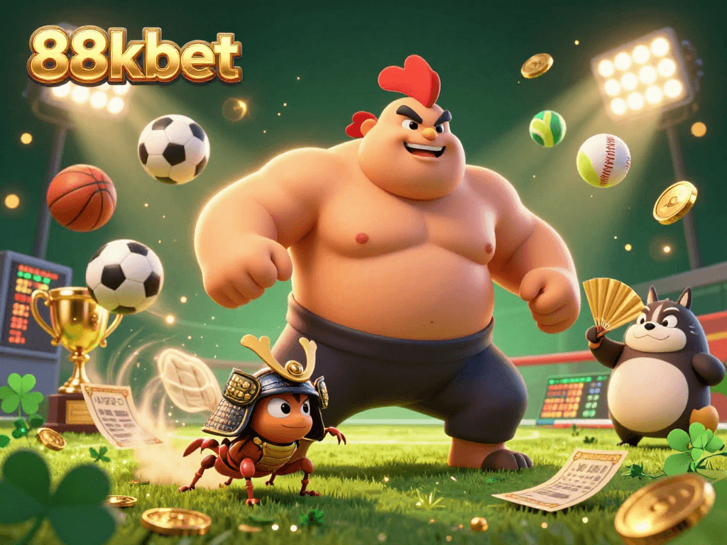 Experience thrilling sports betting at 88kbet with a dynamic 3D illustration featuring exciting game elements.
