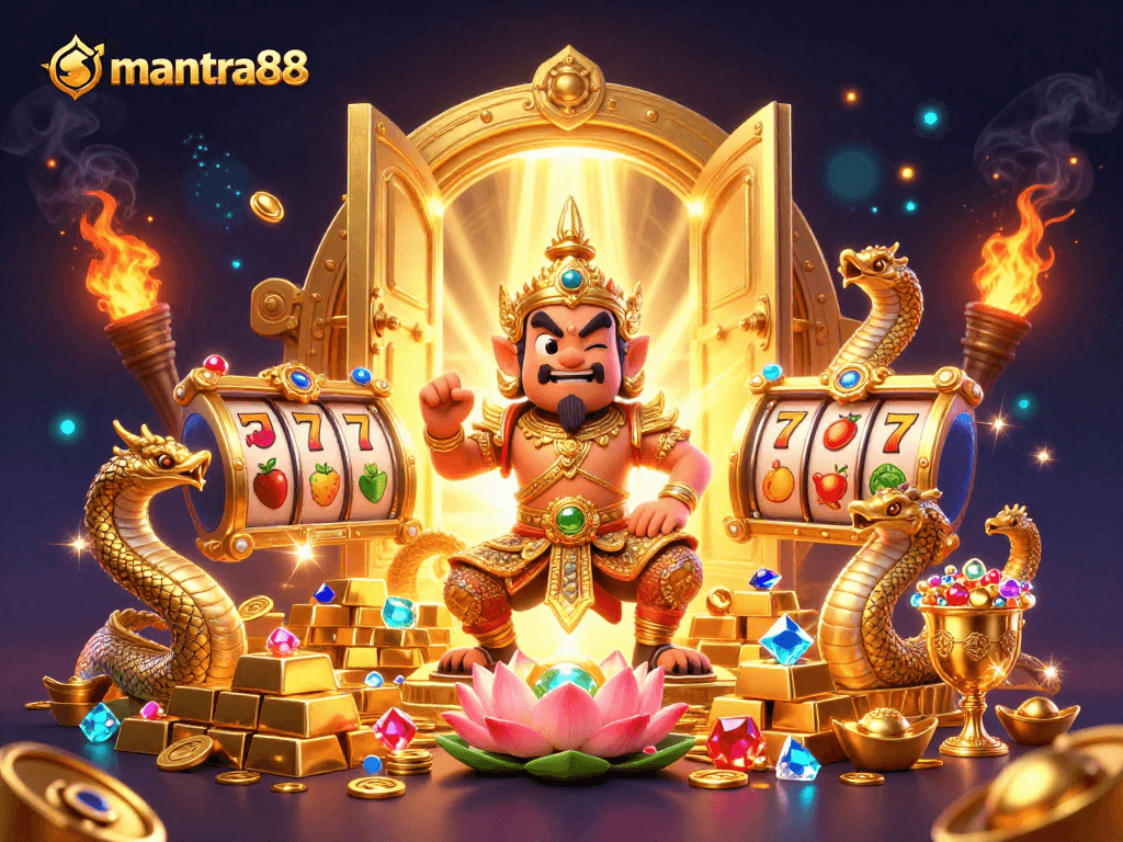 Engage with mantra88's captivating slot experience through dynamic golden treasures and whimsical characters.