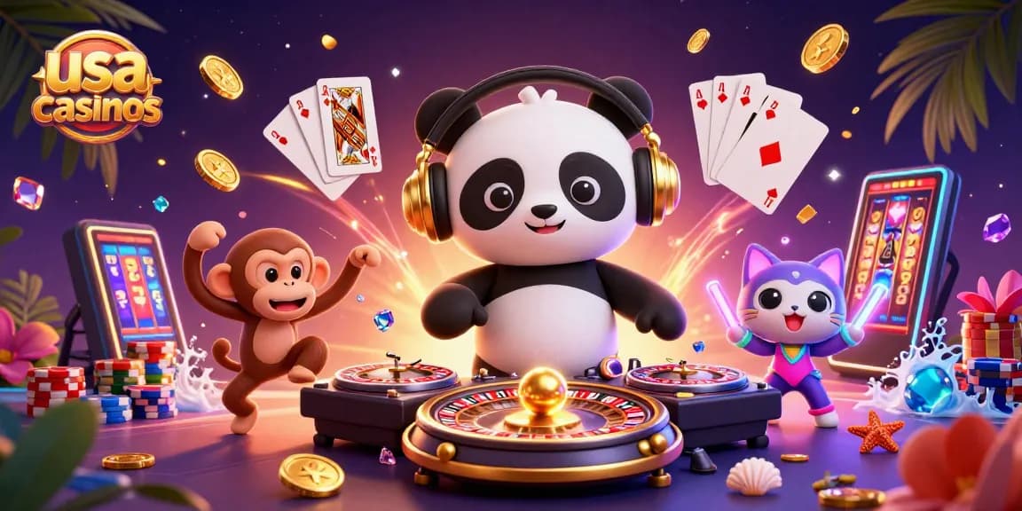 Engaging scene of usa casinos with a DJ panda, dancing monkey, and rave kitten amidst casino elements.