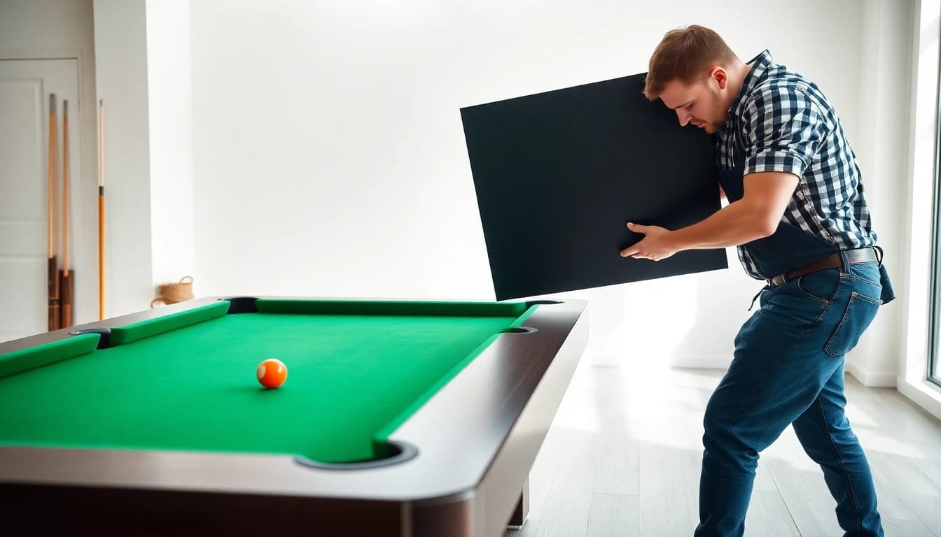 Expert pool table mover disassembles a modern slate pool table with precision.