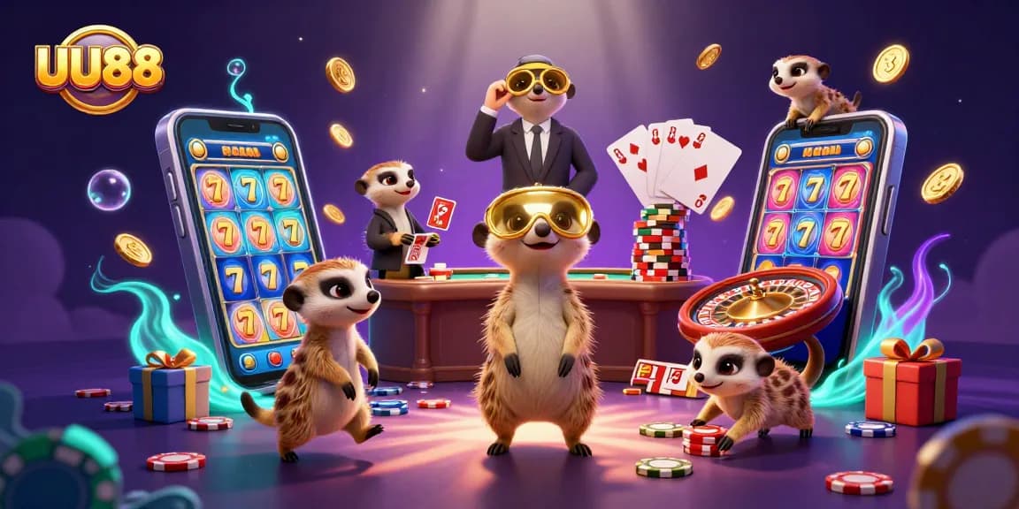 Experience excitement with UU88 in this dynamic casino scene featuring meerkats managing a vibrant operation.