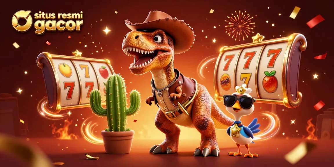Gambarkan suasana seru di situs resmi gacor dengan dinosaur cowboy dan slot game menanti keberuntungan.