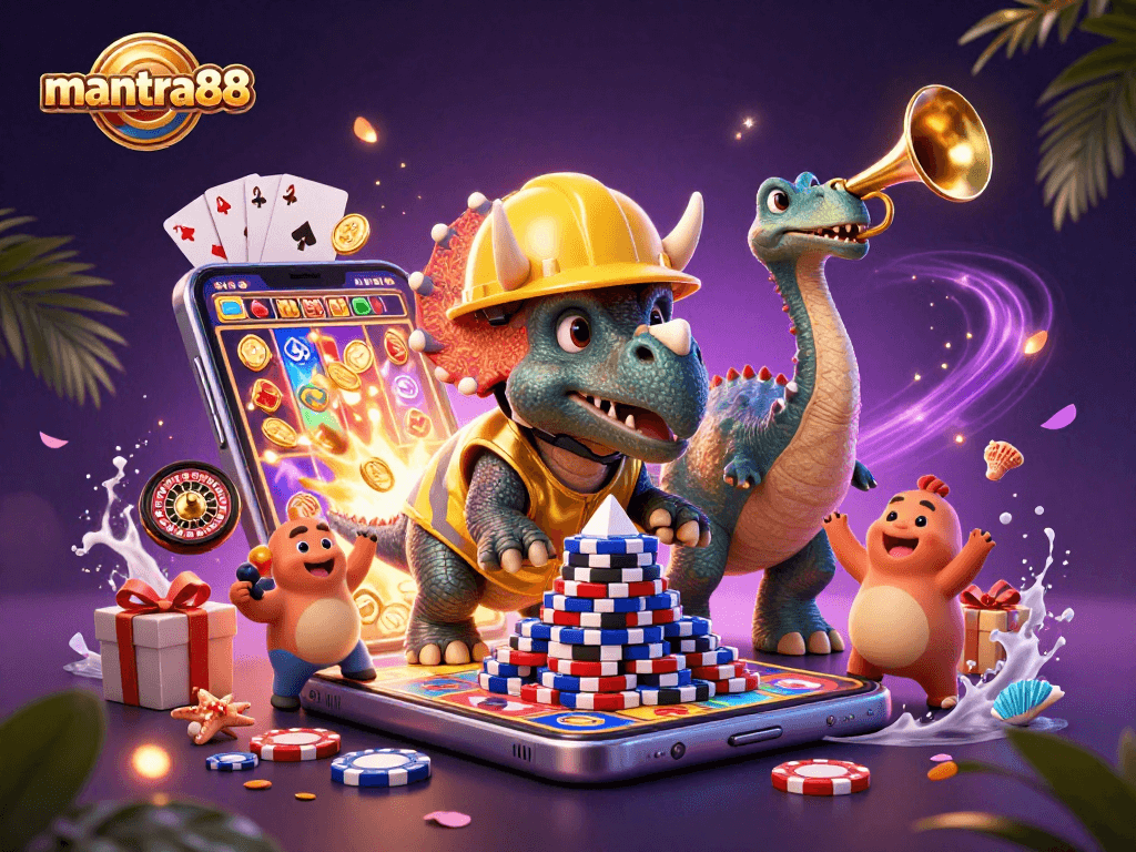 Experience the excitement of mantra88 with vibrant characters building poker chips and colorful gaming elements.
