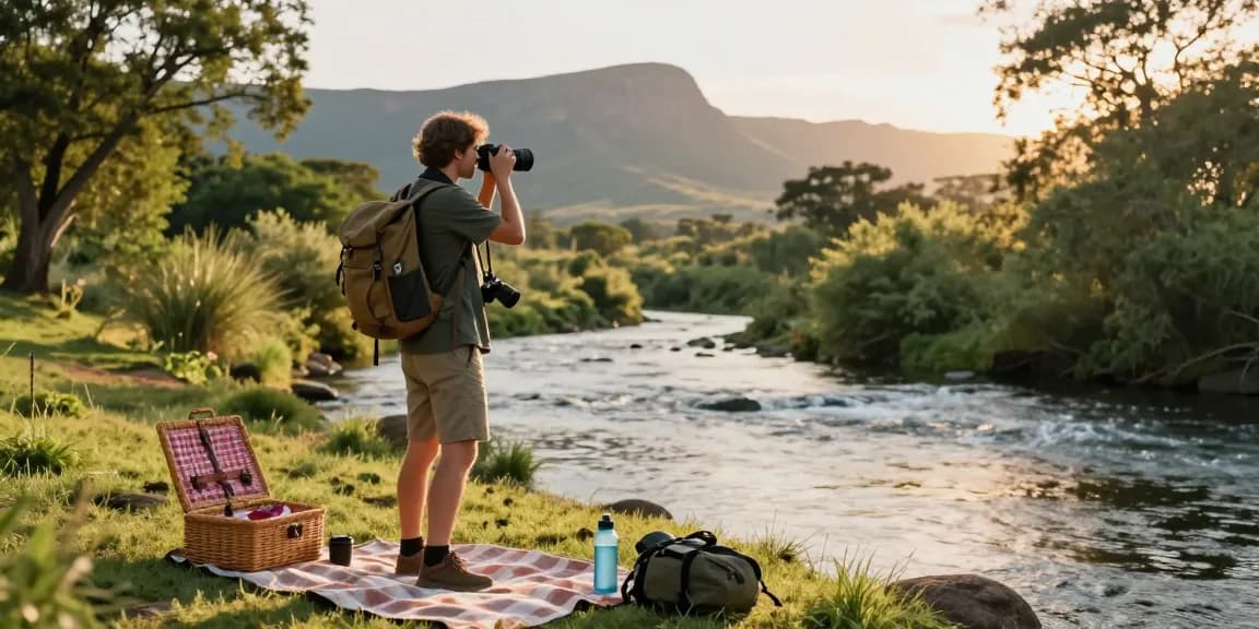 Magaliesburg Accommodation traveler enjoying scenic mountain views during sunset.