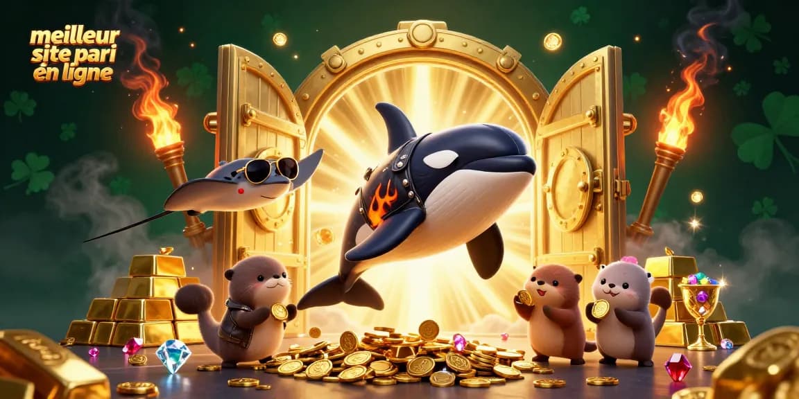 Rejoignez le meilleur site de pari en ligne avec une illustration d'une orque et des loutres riches en pièces d'or.