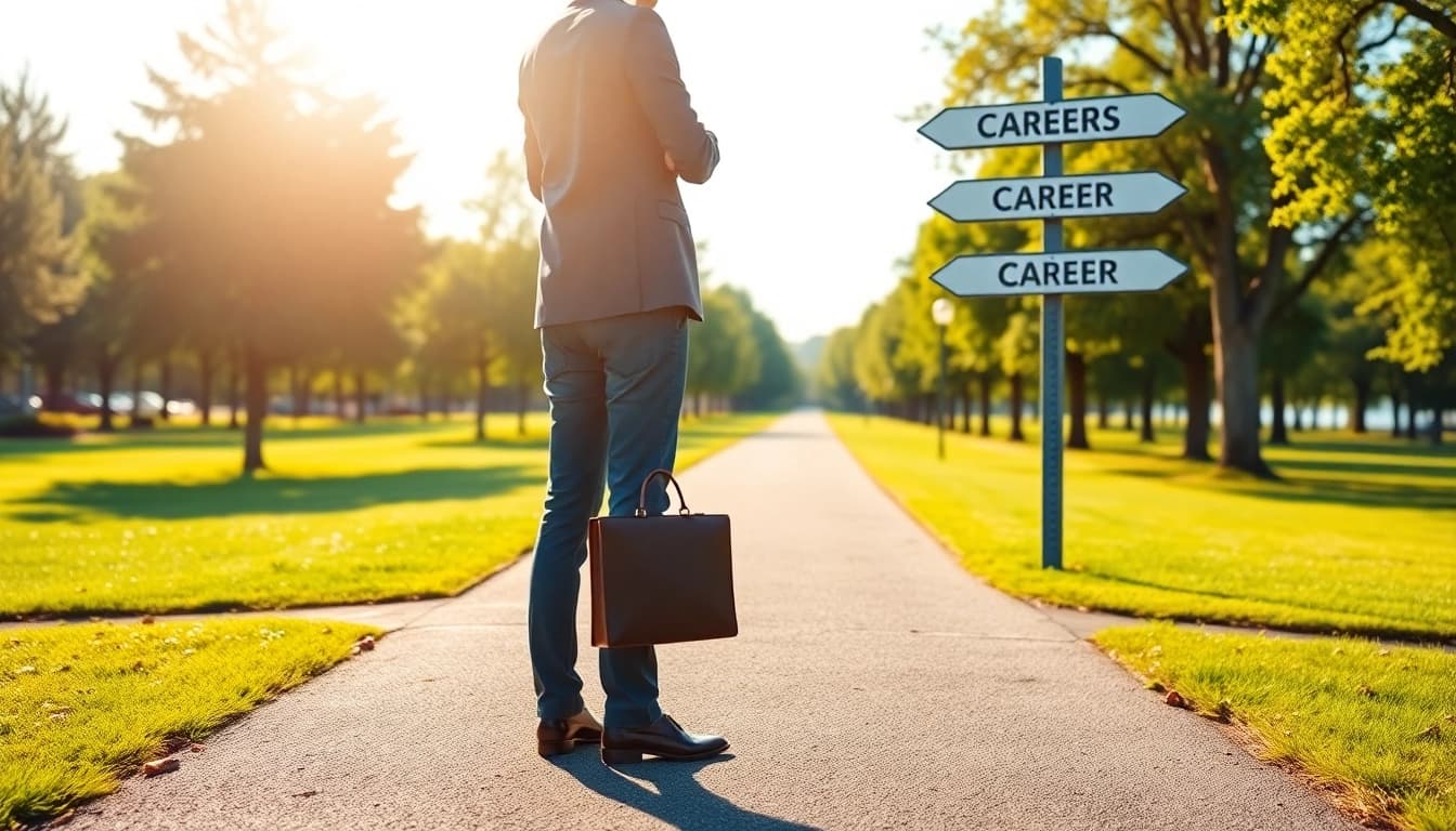 Choose your ideal career path with a professional facing crossroads and career signs.