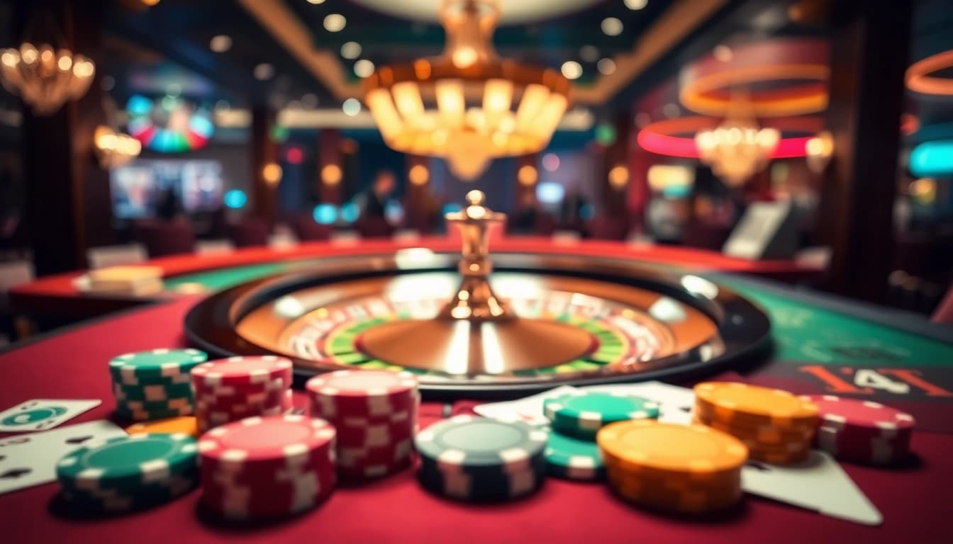 ora78 memfokuskan pada meja kasino dengan roda roulette dan chip berwarna-warni yang menambah suasana permainan.