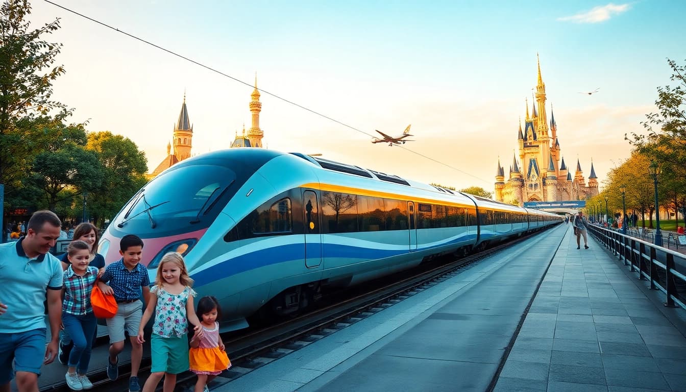 Travel from Disneyland Paris to airport via TGV train with excited families in vibrant scenery.