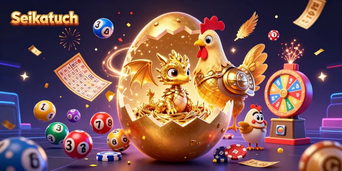 Engage in seikatuch's dynamic gaming experience with a golden dragon surrounded by vibrant lottery elements.