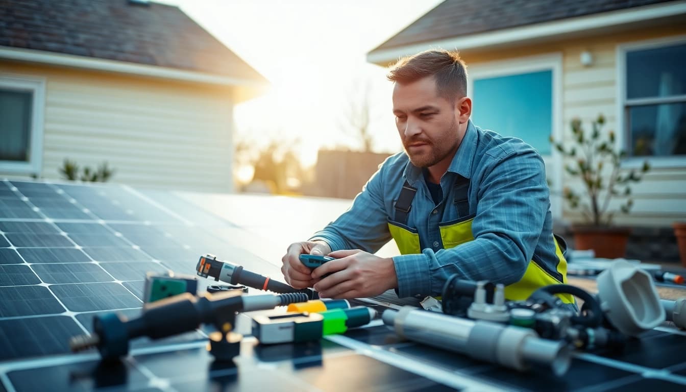 Expert solar system repair technician servicing solar panels in a bright residential environment.