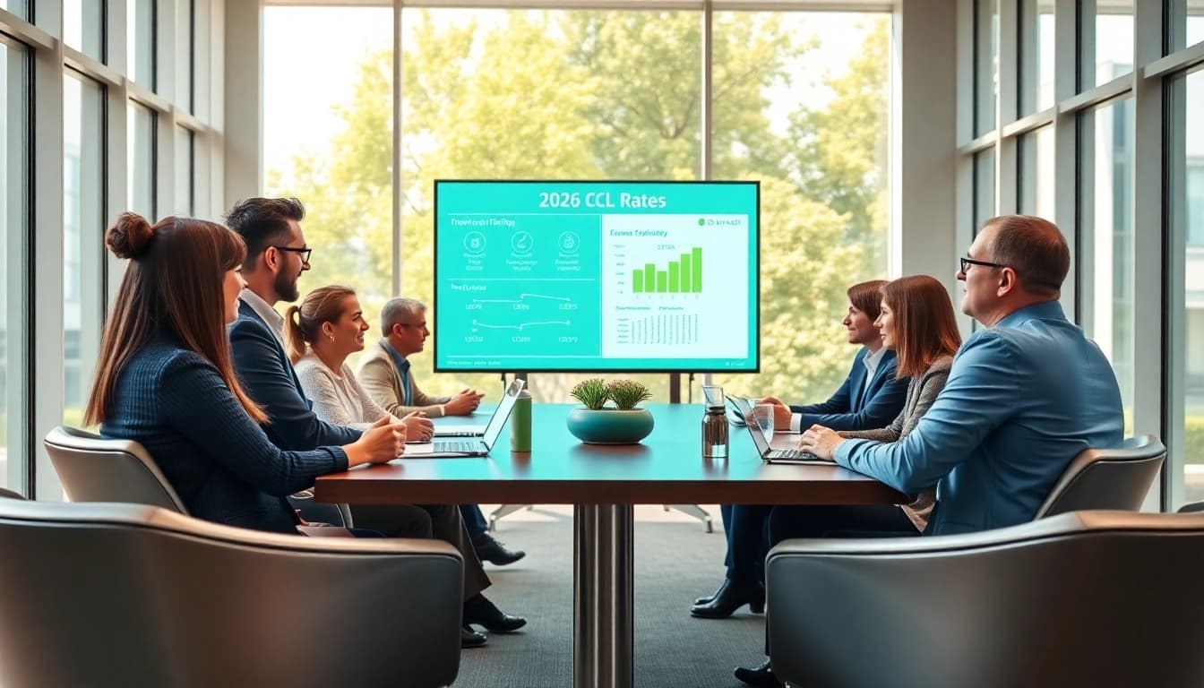 Understanding ccl rates 2026 during a business meeting with diverse professionals discussing sustainability.