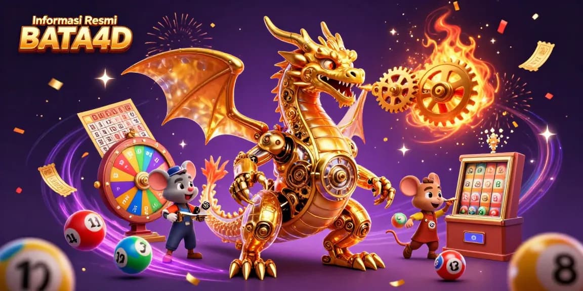 Informasi Resmi BATA4D showcases a festive scene with a golden dragon and lottery elements in a vibrant casino atmosphere.