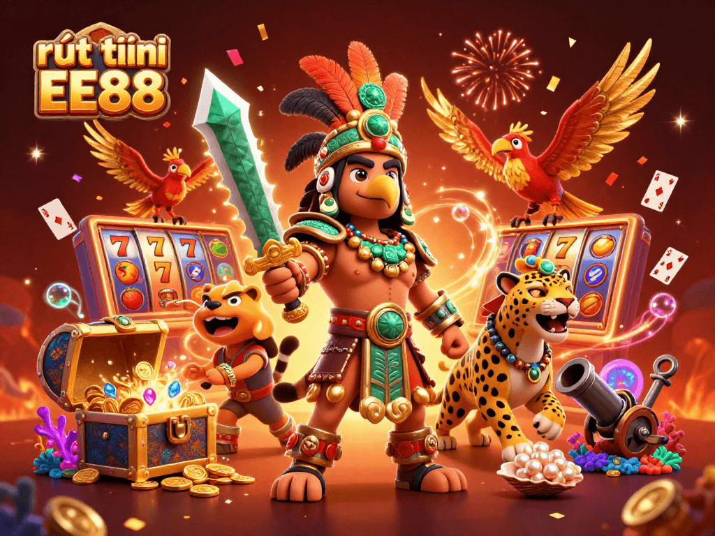 Engage with rút tiền EE88 through a vibrant casino scene showcasing Aztec warriors, treasure chests, and festive decorations.