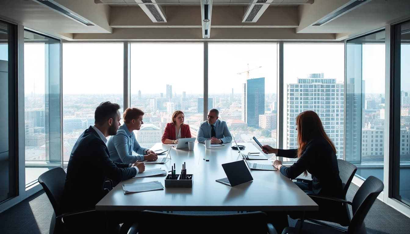 Team discussing strategies at csc hamburg in a modern office, showcasing collaboration and city views.