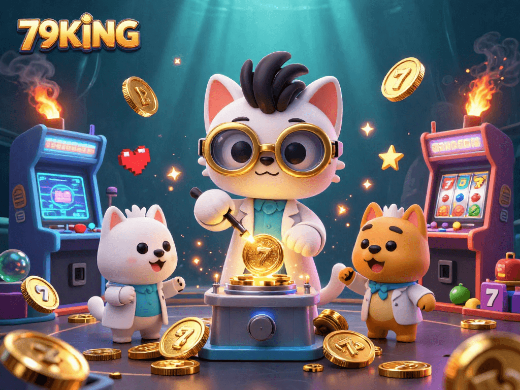 Engage with the animated 79KING casino world featuring a mad scientist cat and assistant dog.
